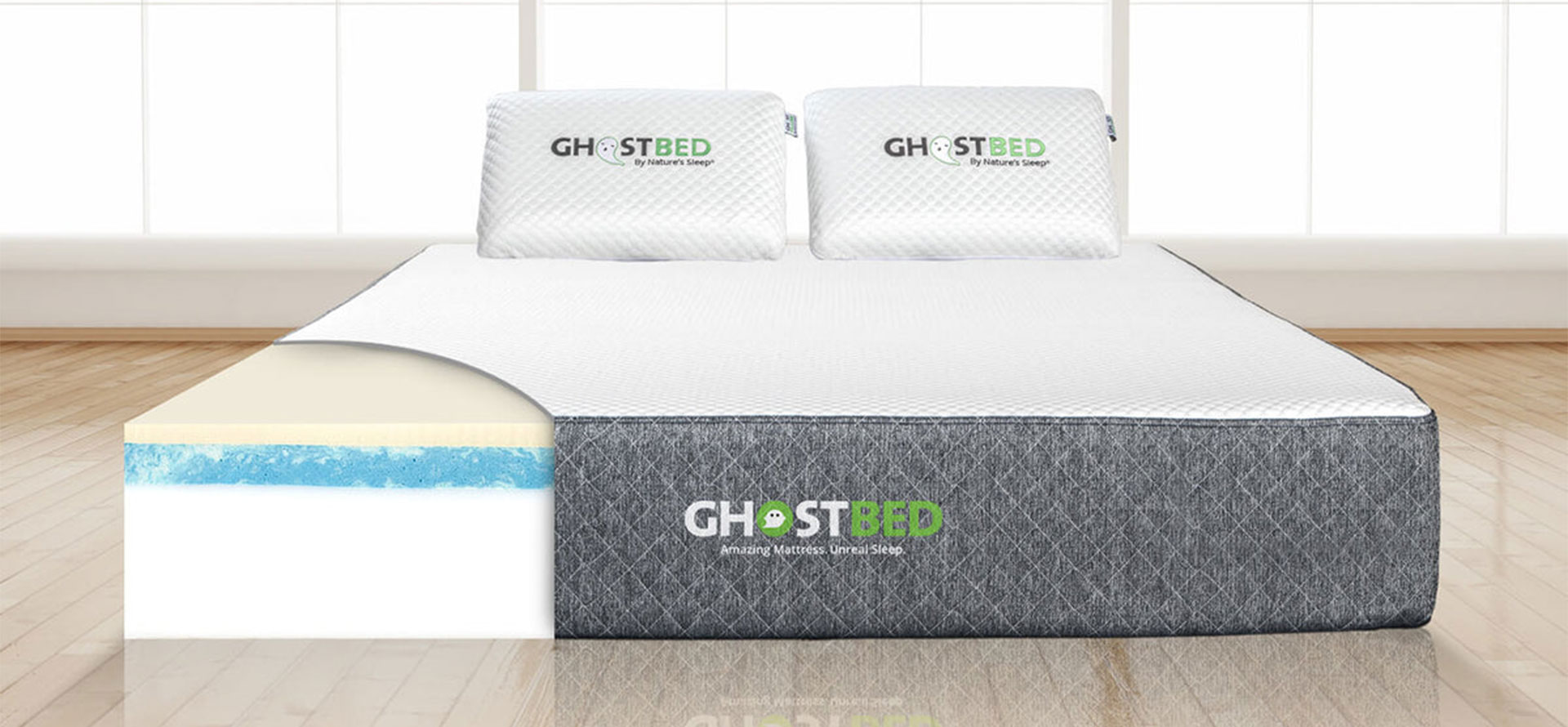 Ghostbed mattress and pillows.