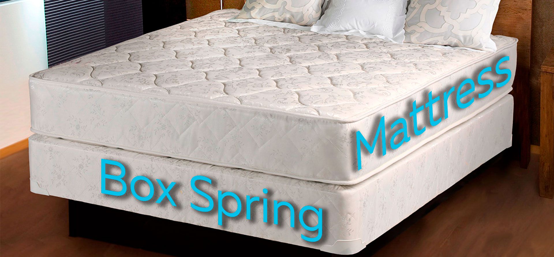 Innerspring mattress on the box spring.