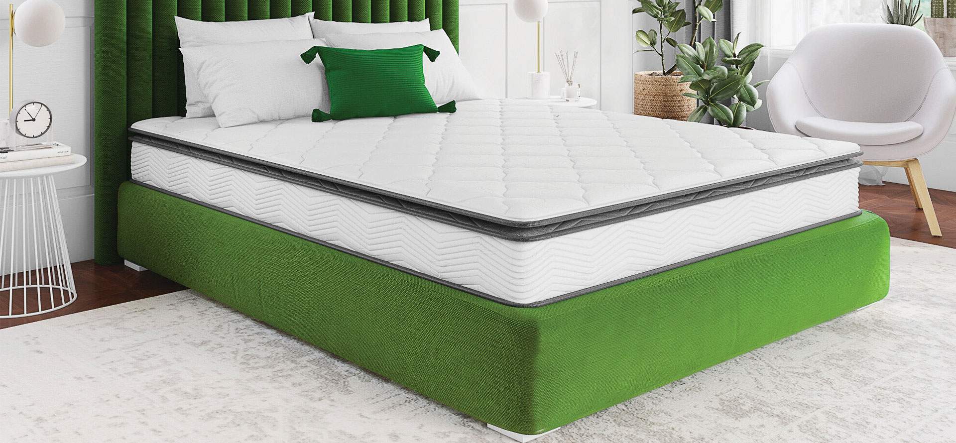 Pillow-Top mattress on the green box-spring.